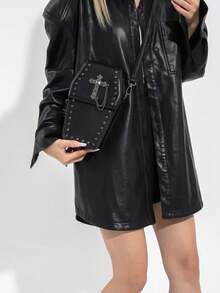 Crossbody Bags Phone Bag No Pattern PU Leather Rivet And Cross Metal Decor Cell Phone Storage Gothic Style Halloween For Women Daily Party Wear - Black - View 3