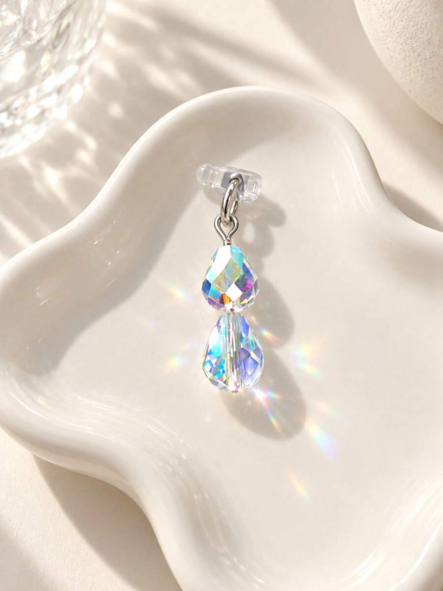 1pc Crystal Phone Dust Plug Charm, Iridescent Teardrop Crystal Charging Port Stopper, Asymmetric Beaded Phone Dust Cover Accessory For Women Cute Phone Decoration