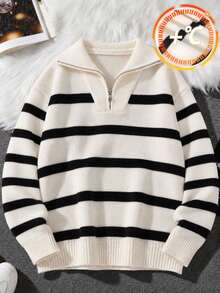 1pc Boys' Teenagers Simple Versatile Street Outdoor Daily Campus Style Sporty Colorblock Pullover Zip-Up Turn Collar Long Sleeve Sweater - White - View 10