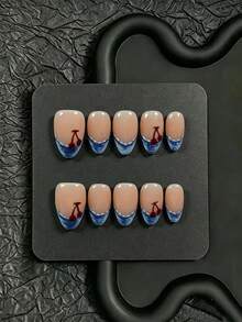 10pcs Handmade Press-On Nails, Short Almond Shape, Autumn/Winter Style, Nude Base With Denim Blue French Tips, Hand-Painted Cherry Elements, Suitable For Autumn/Winter, Comes With Full Set Of Manicure Tools, Perfect For Girls' Personal Use Or As A Gift - Blue - View 8
