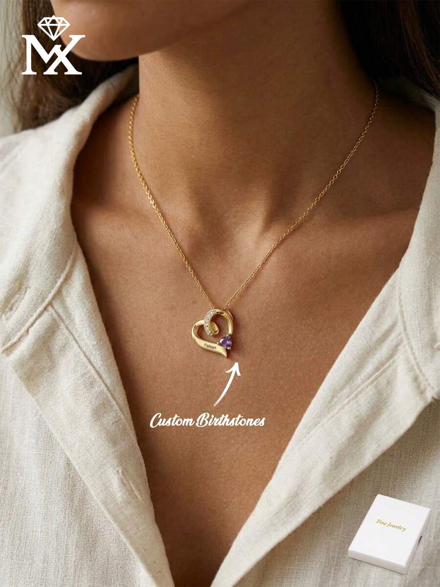 Personalized Custom Engraved Intertwined Double Heart Pendant Necklace, Women's Style, Copper With Colorful Cubic Zirconia Inlaid Delicate Chain, Customized Love Memorial Jewelry Gift, Suitable For Anniversary, Birthday And Party - Multicolor - View 1