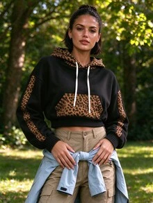 Leopard Print Patchwork Cropped Sweatshirt Long Sleeve Streetwear Sweatshirt - Black - View 8