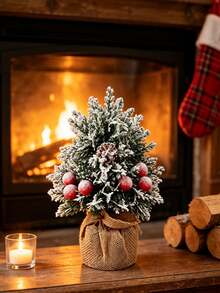 1pc Mini Artificial Christmas Tree Snowy Pine Tree With Plastic Berries Pine Cones Decor,Realistic Rustic Style Fake Artificial Christmas Tree With Burlap Base,Suitable For Christmas,Holiday Party Decor,For Desk,Mantel,Shelf,Table,Office Home Decor - Multicolor - View 5