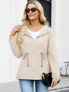 Women's Spring/Autumn Solid Color Long Sleeve Cinched Waist Casual Loose Hooded Jacket - Apricot - View 4