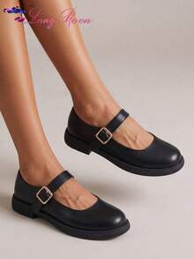LangMoon Ashlee LangMoon 2026 Black Glossy Oil Wax Single Strap Round Toe Mary Jane Chunky Heel Pumps, Shock-Absorbing Insole, Vintage Apartment Campus Collegiate Y2K Style, All-Season Commute Home Date Elegant - Black - View 5