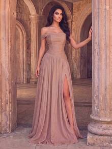 Cold Shoulder Bandeau Waist-Cinching Fitted Corset A-Line Maxi Dress With High Slit Flowy Hem, Flattering Curves, Suitable For Photography - Khaki - View 4