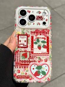 1pc New Lucky Day Strawberry Collage Pattern Phone Case, Scratch-Resistant & Durable Shell For Daily Matching, Playful Aesthetic Couple Phone Cover For Holiday Gift, Compatible With IPhone11 12 13 14 15 16 17 18 Pro Max - Multicolor - View 2