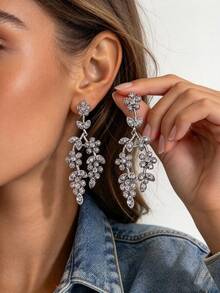 Crystal Floral Vine Dangle Earrings Rhinestone Branch Drop Vintage Jewelry - Leaf Rhinestone Earrings - View 10