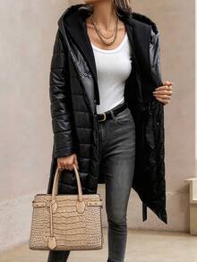 Women's Solid Color Hooded Long Sleeve Thick Padded Coat, Autumn/Winter Clothing - Black - View 3
