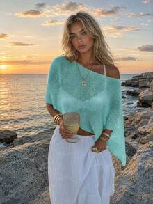 FOR BEAUTY Women's Summer New Knit Top, Casual Style, Light Green Solid Color Loose Shoulder Cover, Bohemian Style, Suitable For Beach And Vacation, Resort Wear - Mint Green - View 3
