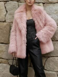 Women's Solid Color Faux Fur Coat, Large Lapel Open Front Loose Thickened Plush Jacket, Winter - Pink - View 7