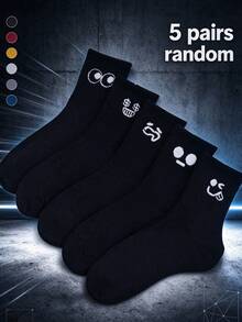 5 Pairs Random Black Mid-Calf Socks With Facial Expressions, Mid-Calf Socks For Men And Women, Fun And Cute - Multicolor - View 1