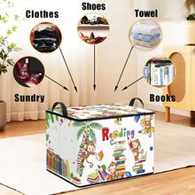 1PC Cartoon Monkey Reading Stationery Print Storage Box With Handles, Large Capacity Foldable Organizer Bin For Closet Clothes Sundries Storage, Space Saving Collapsible, Storage For Bedroom Dorm, Gift For Mom Dad, Books Toys Craft Supplies - Multicolor - View 8