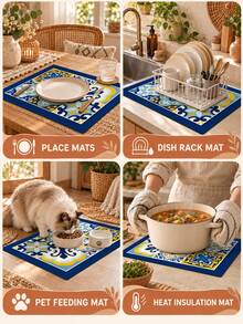 1pc Floral Tile Pattern Kitchen Drain Mat, Royal Blue Geometric Floral Patchwork Print, Mediterranean Portuguese Bohemian Style Rectangular Absorbent Drying Mat, Dish Drainer Mat, Coffee Machine Mat, Cup Mat, Kitchen Countertop Mat, Suitable For Sink, Coffee Corner And Home Decor - Multicolor - View 7