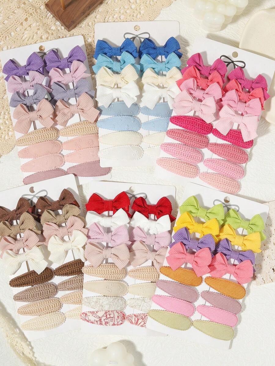 16件組女孩純色華夫餅蝴蝶結BB夾髮飾，不傷髮側邊髮夾，適合秋冬使用，適用於學校