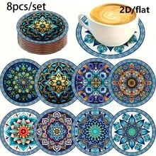 8入彩色曼陀羅花卉藝術杯墊，圓形多層對稱花卉隔熱墊，居家廚房裝飾配件，適合各種節日聚會、派對禮物，保護桌面裝飾 - PET 杯墊 LDX3103 - 查看 1