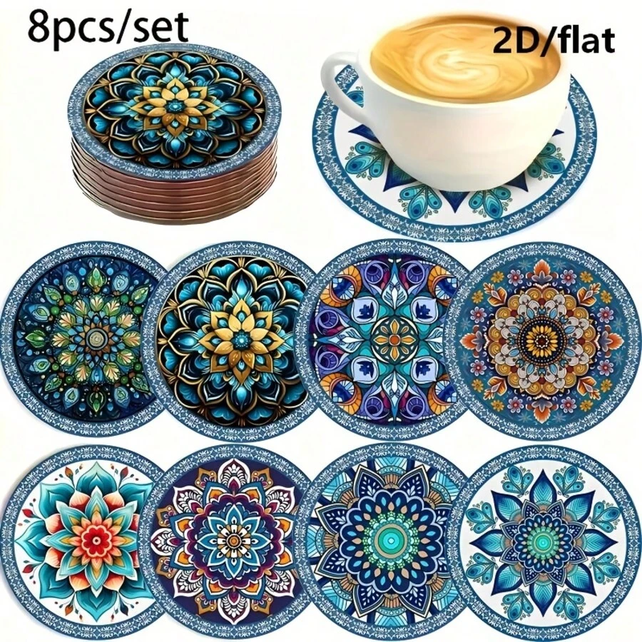 8入彩色曼陀羅花卉藝術杯墊，圓形多層對稱花卉隔熱墊，居家廚房裝飾配件，適合各種節日聚會、派對禮物，保護桌面裝飾 - PET 杯墊 LDX3103 - 查看 1