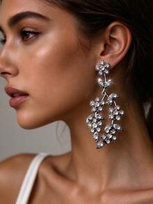 Crystal Floral Vine Dangle Earrings Rhinestone Branch Drop Vintage Jewelry - Leaf Rhinestone Earrings - View 6