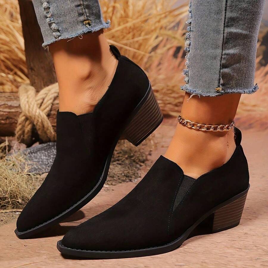 2026 Autumn/Winter New Women's Fashion Versatile Outdoor Deep Cut Chunky Heel Pointed Toe Boots - Black - View 1