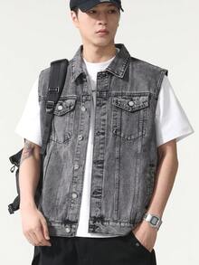 Men's Denim Vest Jacket, Grey Fashion Washed Lapel Button-Up Denim Top, Spring/Autumn/All-Season Streetwear Style - Dark Grey - View 8