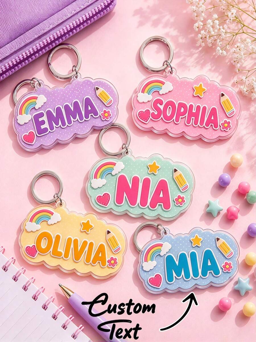 Custom Cloud Acrylic Keychain, Personalized Name Cute Rainbow Bag Charm, Acrylic Key Ring Pendant, Suitable For Backpack, School Bag, Handbag And Luggage - Multicolor - View 1