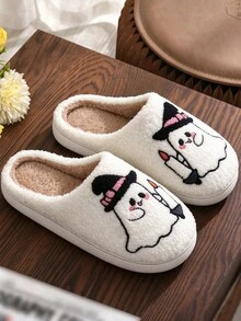 Autumn/Winter White Thermal Lined Closed-Toe Slippers, Cartoon Ghost With Hat Halloween Embroidery, Niche Design, Non-Slip Thick Sole, Comfortable Dorm/Home Slippers - White - View 2