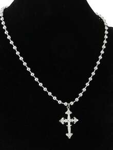 1pc Men's Pendant Necklace, Metal Silver Fashionable Personalized Punk Style Cross Bead Pendant Necklace, Suitable For Daily Wear, Party And Holiday - Silver - View 2