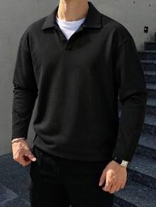 Black Polo Collar Sweatshirt Men's Autumn/Winter Minimalist Drop Shoulder Casual Long Sleeve Turn-Down Collar Top - Black - View 9