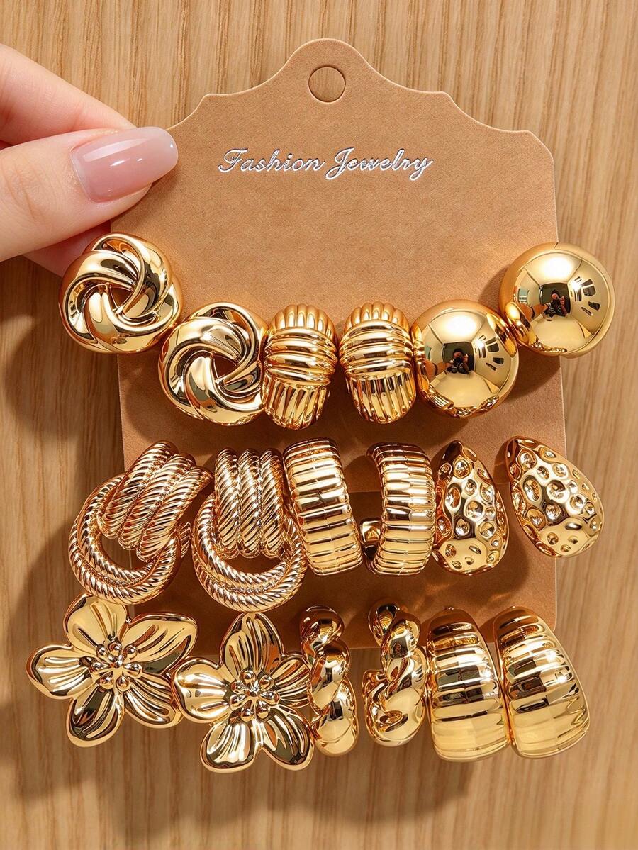 6pcs/18pcs Vintage Gold Thick Exaggerated Earrings Set, Multiple Styles Of Floral Twist Hoop Earrings, Fashion Jewelry Suitable For Women - Gold - View 1