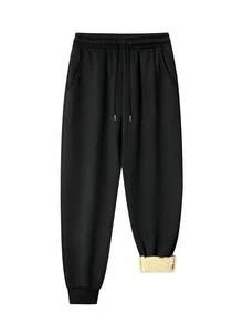 Women's Solid Color Drawstring Thermal Lined Long Pants, Thick Comfortable Cuffed Leg Pants, Suitable For Autumn/Winter Outdoor Activities And Daily Wear - Black - View 3