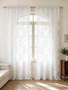 1pc European Style Mirror Floral Wreath Pattern Sheer Curtain, French Vintage Lace Mesh Wave Edge Decorative Translucent Thin Gauze Curtain Suitable For Bedroom, Living Room, Balcony, Spring And Autumn Home Use - White - View 1