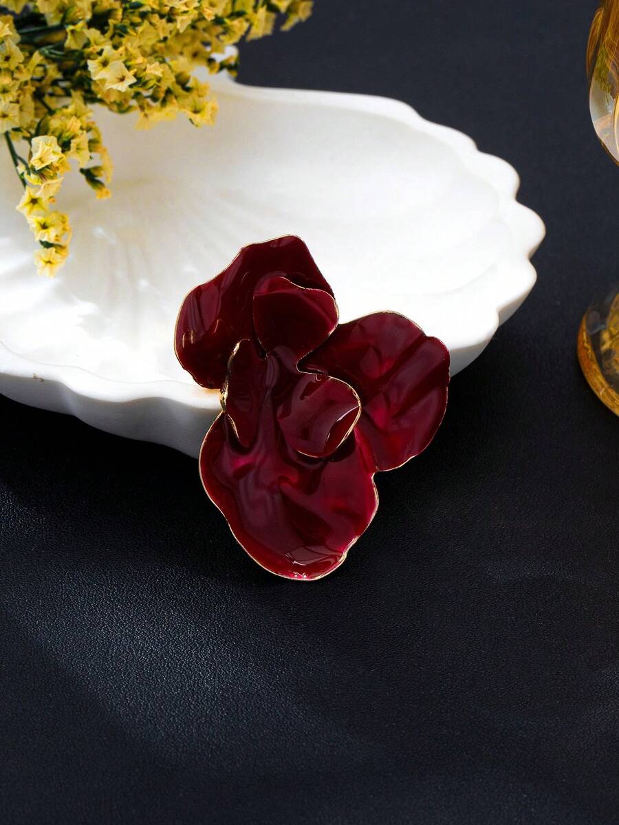 1pc French Style Heavy Work Camellia Corsage, 3D Petal Design, Luxury Evening Dress Coat Floral Brooch - Burgundy Irregular - View 1
