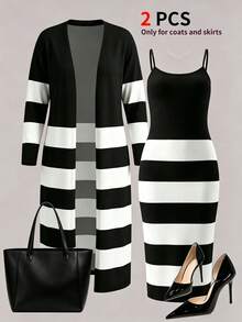 Women 2 Pcs Black And White Striped Dress & Long Cardigan Set, Spaghetti Strap Bodycon Midi Dress, Open Front Knit Cardigan - Black - View 1