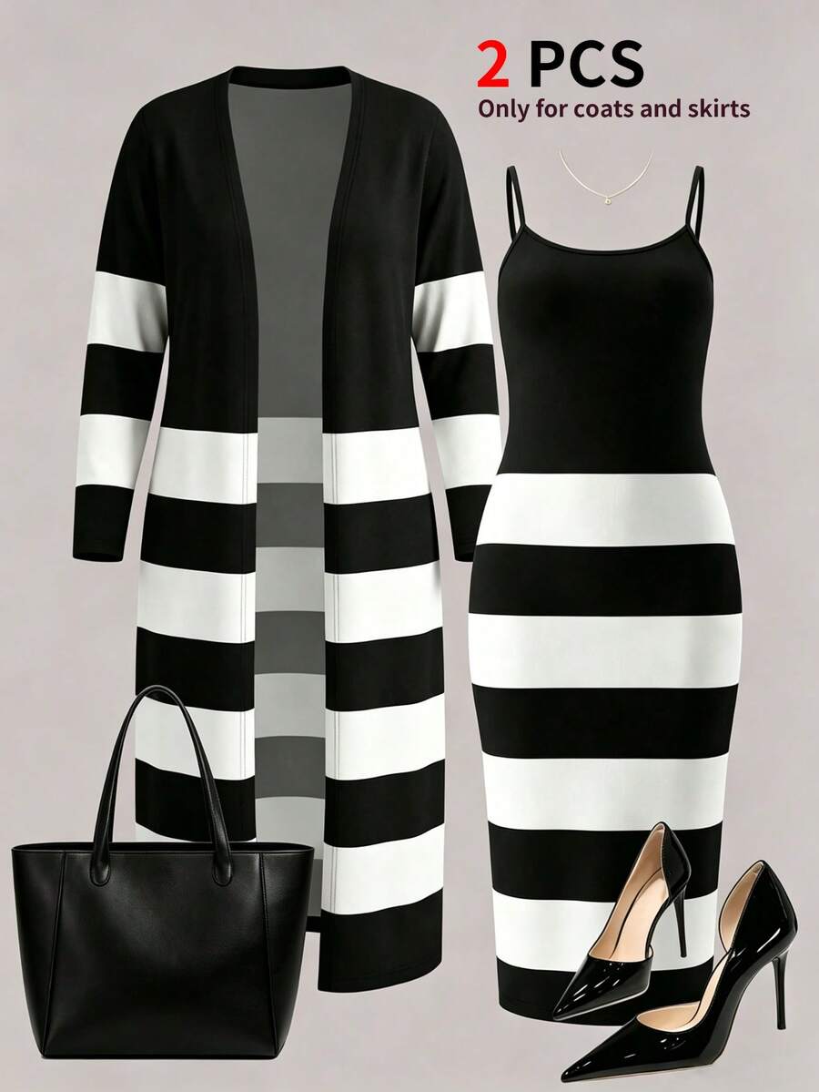 Women 2 Pcs Black And White Striped Dress & Long Cardigan Set, Spaghetti Strap Bodycon Midi Dress, Open Front Knit Cardigan - Black - View 1