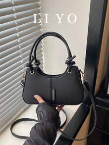 Minimalist Solid Color Lychee Textured Women's Shoulder Crossbody Bag, Textured Knot Handbag - Black - View 2