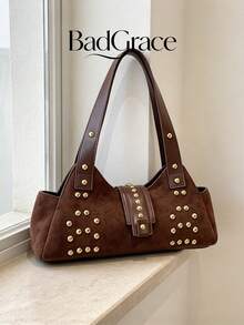 New Women's One Shoulder Underarm Bag With PU Patchwork Rivet Decoration, Flap Clasp Design, Wide Strap, Stylish And High-Quality, Moderate Size For Carrying Small Personal Items, Suitable For Daily Shopping, Commuting And Outfit Matching, Elegant Handbag - Coffee - View 9