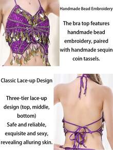 Boho Halter Neck Sequined Bra Top Coin Tassel Fringe, Coin Fringe Lace Headband Headchain, Handmade Kizomba Stage Performance Wear, Multi-Color Available - Multicolor - View 11