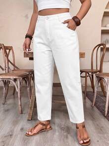 Plus Size White Vintage Mom Style Short Denim Jeans, Non-Stretch, With Pockets And Zipper, Casual Everyday - White - View 5