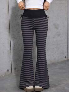 Lurzo Teen Girls'contrasting Striped Micro Flared Casual Sports Pants With A Bow Design At The Waist,Daily Outdoor/Back To School/Weekends/Parties/Sports - Black - View 4