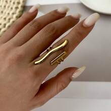 Set 5 Cincin Terbuka Geometris Stainless Steel, Cincin Tumpuk Niche Bintang & Bulan Spiral Asimetris - Emas - View 8