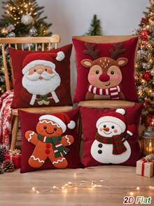 4pcs Christmas Red Embroidered Pillow Covers, 45*45cm Throw Pillowcase With Cartoon Santa Claus/Reindeer/Snowman/Gingerbread Man Pattern, Cushion Cover, Merry Christmas Decorations, Christmas Decoration, Xmas Decor, Christmas Decor, Winter Home Decor, Chair Accessories, Bedroom Living Room Zipper Pillowcase, Holiday Party Pillowcase, Ideal Christmas Gift (Pillow Insert Not Included) - Multicolor - View 7