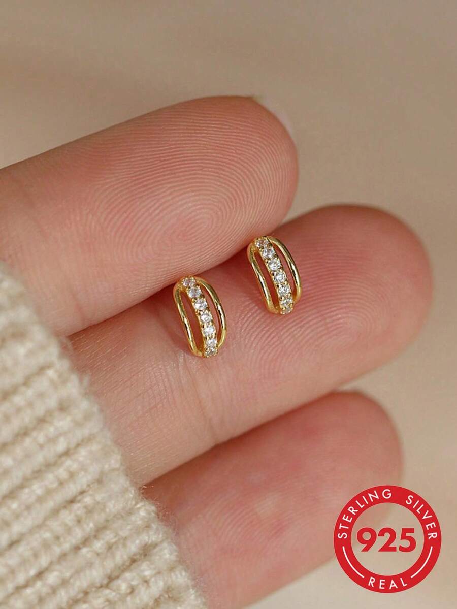 1 Pasang Anting-Anting Perak Sterling S925 yang Indah dan Ringkas dengan Desain Berongga dan Melengkung, Bertatahkan Zirkonia, Cocok Sebagai Hadiah untuk Wanita - Emas - View 1