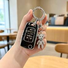 Creative Rhinestone Bear + Key Pouch Set, Suitable For Chevrolet 5-Button Cruze, Cruze, Cavalier, Malibu, Sail Car Key Cover, TPU Soft Shell Material, Protects Your Car Key From Scratches, Car Lock Key Accessory Protective Cover - A - View 2