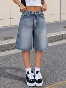 Y2K Retro Slant Pocket Fringe Hem Wide Leg Denim Bermuda Shorts, Casual Shorts Summer, Aesthetic - Blue - View 1
