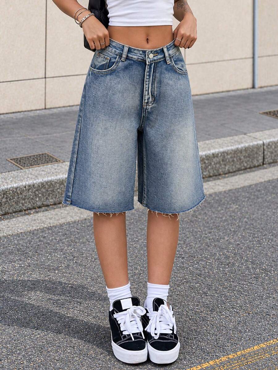 Y2K Retro Slant Pocket Fringe Hem Wide Leg Denim Bermuda Shorts, Casual Shorts Summer, Aesthetic - Blue - View 1
