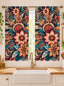 2pcs, Bohemian Mandala Floral Pattern Printed Curtains, Single-Sided Printing, Semi-Sheer - Rod Pocket Curtains, Bedroom Living Room Kitchen Decor, Multiple Sizes Available, Privacy Protection, Machine Washable, Fade-Resistant Curtains (Rod Not Included) - A - View 8