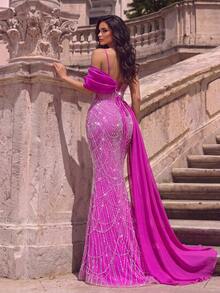 Elegant Strapless Long Dress, Sequin Fringe Bodice, Draped Ruffle Hem High Slit Mermaid Skirt, Suitable For Photos, Beach Vacation, Resort, Evening Party - Hot Pink - View 2