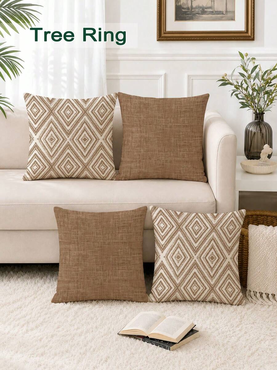 4pcs Decorative Throw Pillow Covers, Geometric Pattern, 100% Hypoallergenic Polyester Fiber Cushion Covers, Vintage Linen Material, Hidden Zipper, Machine Washable, Minimalist Stylish Line Design, Zipper Closure, Home Decor Pillow Covers For Sofa, Living Room, Bedroom, No Pillow Insert