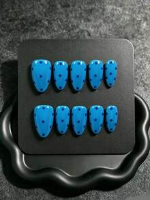 10pcs Handmade Press-On Nails, Short Almond Shape, Autumn/Winter Style, Blue Base With Dark Polka Dot Hand-Painted Elements, Suitable For Daily Wear In Autumn/Winter, Comes With Full Set Of Nail Tools, Perfect For Women's Personal Use Or Gift - Blue - View 10