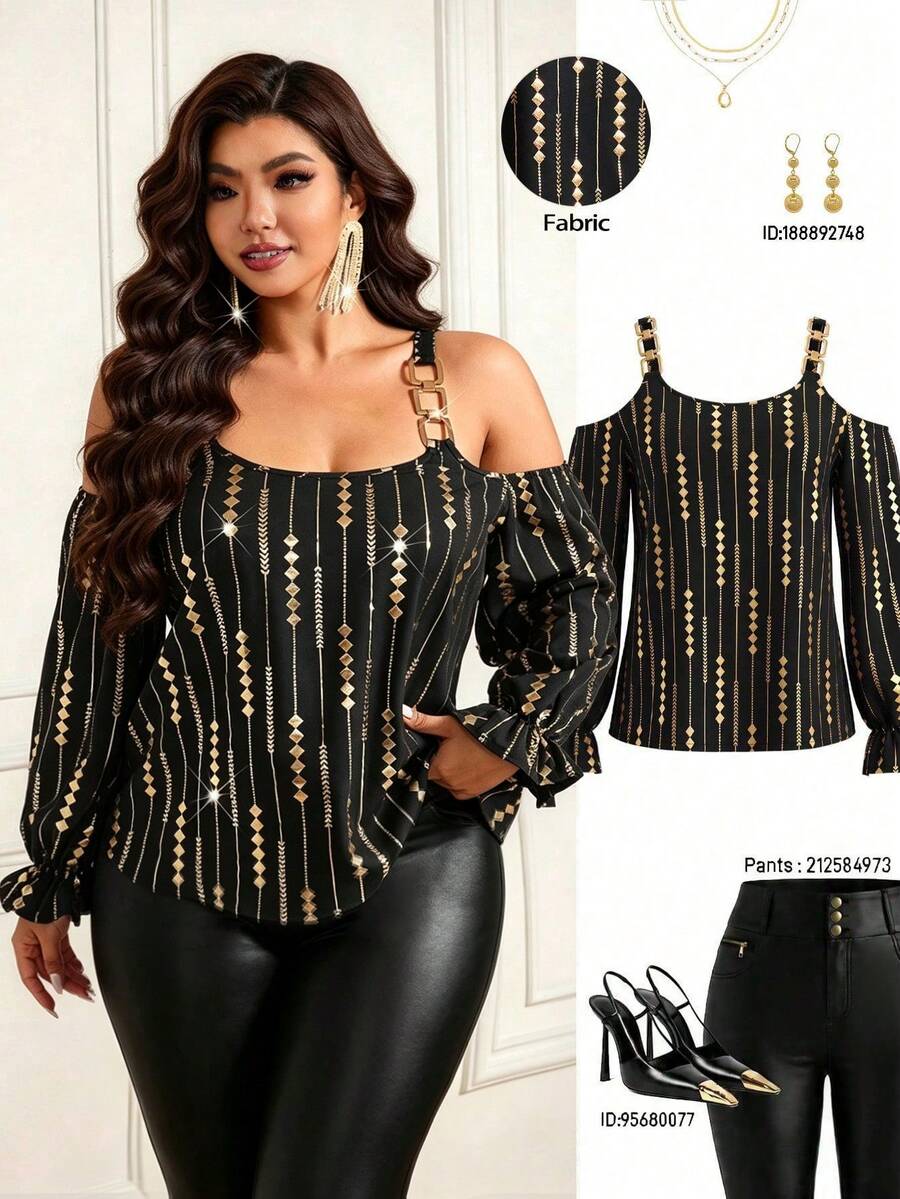 Plus Size Women's Fashion Chain Off-Shoulder Top, Vintage Gold Geometric Rhombus Pattern Foil Print, Long Flared Sleeves, Round Neck, Retro Style, Versatile And Elegant - Black - View 1